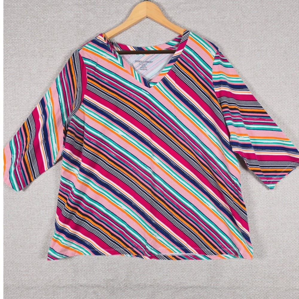 Jessica‎ London Womens 26/28 Multi Color Diagonal Striped V-Neck 3/4 Sleeve Top